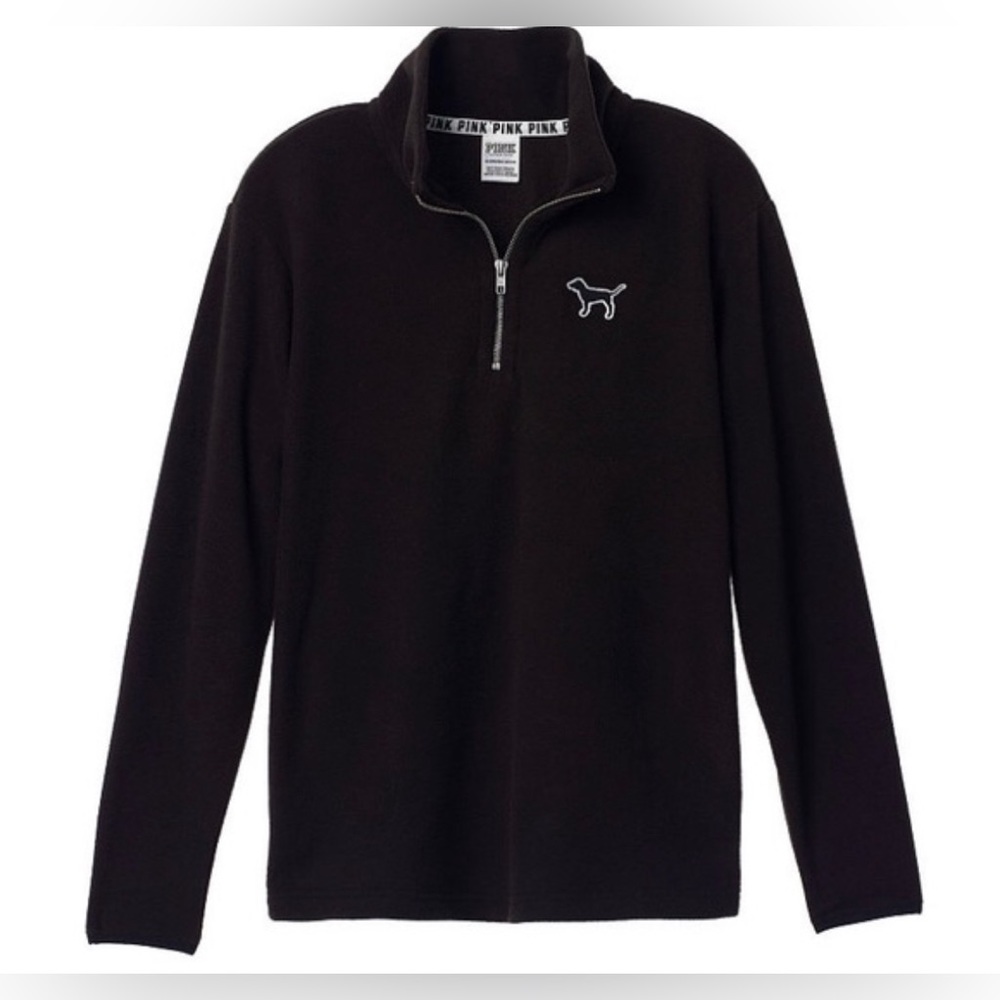 VICTORIAS SECRET PINK || Fleece Puppy Logo Half-Zip Sweatshirt in Black - SZ XS
